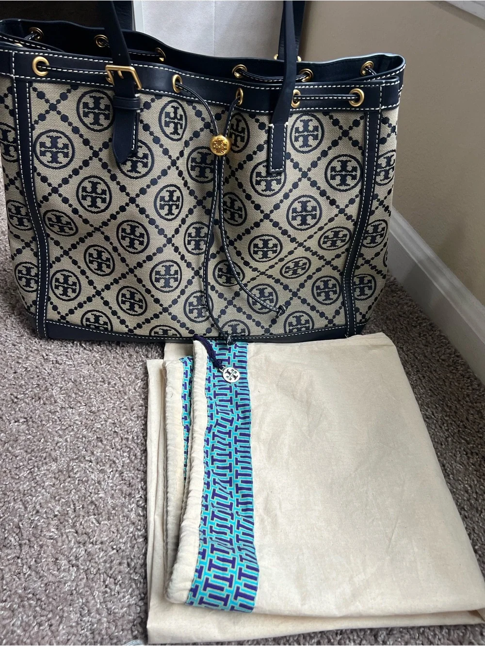 Tory Burch Black and Natural Logo Jacquard Drawstring Tote